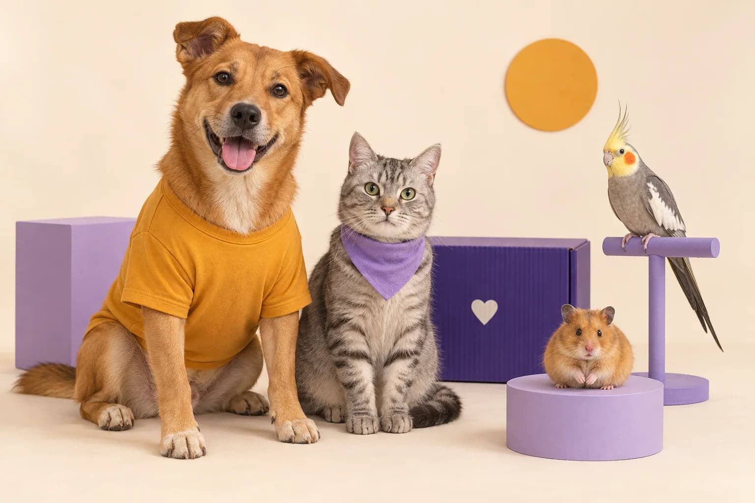 A turma Yahpet reunida: cachorro caramelo, gato, calopsita e hamster ao lado de uma caixa roxa com coração.